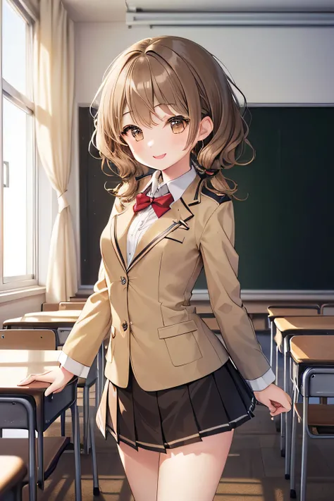 (1girl:1.5),(high quality:1.5),((((Petite:2.5)))),,(brown color hair:1.5),(Short twin tail hair:1.8),(Wavy hair:1.8),,(verysmall breasts:1.5),(khaki color school blazer:1.2),(smile:1.2),,(Classroom:1.5),