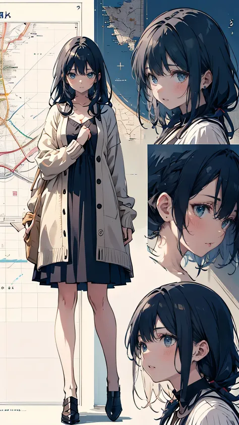 anime character sheet, full body illustration, a  age girl with a gentle but anxious expression, **semi-long black hair** framing her soft face, wearing a cozy cardigan over a simple dress, clutching an old worn-out map, hesitant but determined posture, re...