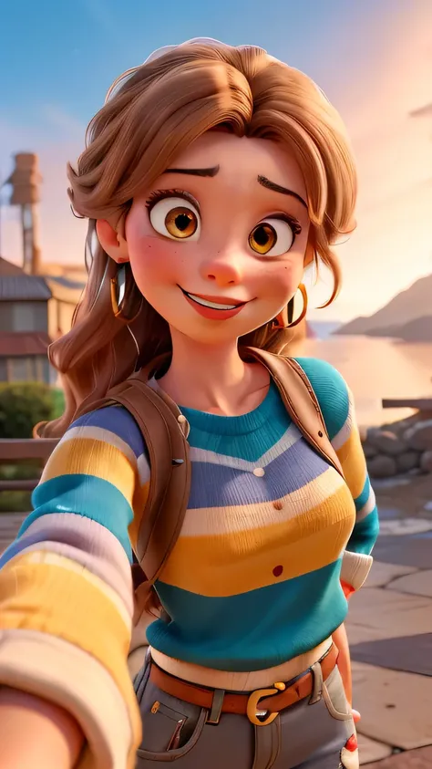 pixarstyle a full body portrait of a young woman Sexy, smile, school, natural skin texture,  Imagine an animated female character named Aurora Arruda .  She is a successful Brazilian businesswoman, he is about 28 years old,  peach-colored skin and slightly...