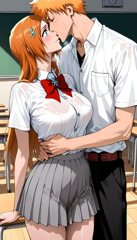 (masterpiece,best quality:1.2,amazing quality,very aesthetic,absurdres,newest,realistic),(Kurosaki Ichigo,Inoue Orihime,bleach),1man and 1woman,kissing,(adult),(very small head:1.2),medium breasts,(ideal ratio body proportions:1.2,slender body:1.3,thin:1.2...