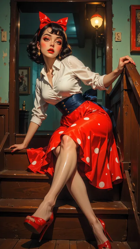 8k, Masterpiece, Top Quality, Vintage, pin-up style, woman sliding down wooden banister, polka dot red skirt, white top, navy blue waistband, surprised expression, red hair bow, retro hairstyle, high heels, playful pose, 1950s aesthetic, vibrant colors, st...