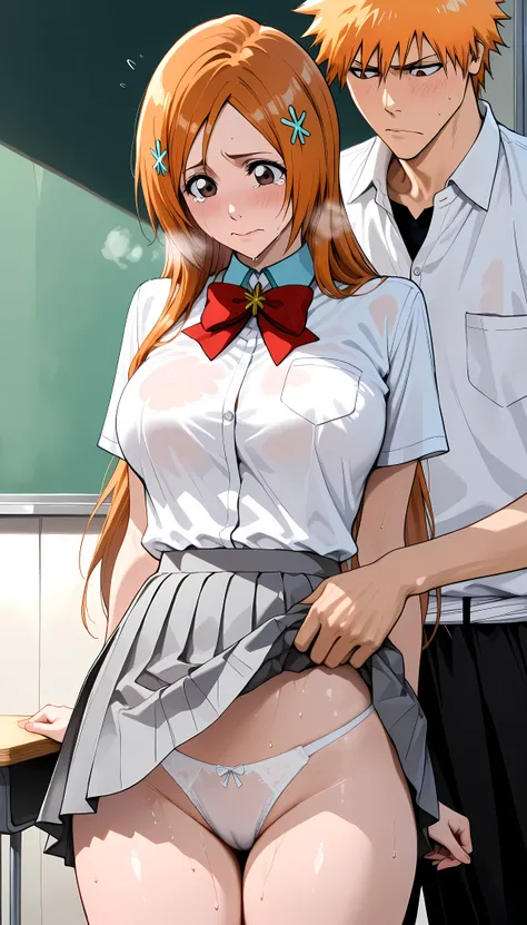 (masterpiece,best quality:1.2,amazing quality,very aesthetic,absurdres,newest,realistic),upper body,(Kurosaki Ichigo,Inoue Orihime,bleach),1man and 1woman,(crotch),(adult),(very small head:1.2),medium breasts,(ideal ratio body proportions:1.2,slender body:...