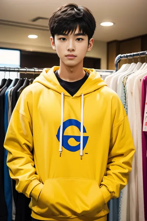 18-year-old male、 Japanese、handsome、 macho、Short Hair、 apparel clerk、 yellow hoodie