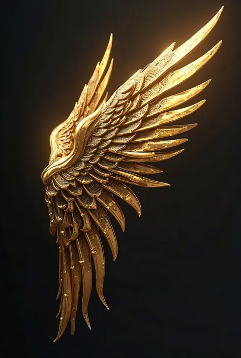 golden metal wings side viwe, only show wings, realistic, dark background back