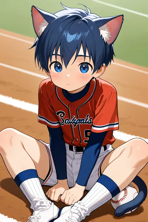  boy,cute,Blue short hair ,  cat  ears,Shota,Baseball uniform ,Football Socks,,