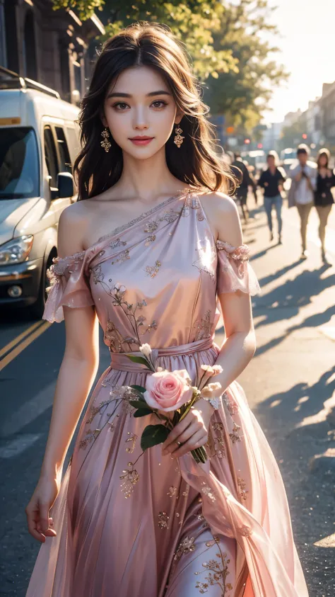 8K, UHD, Masterpiece, extreme quality, 1 girl, good face, detailed eyes, very long hair, detailed lips, small breasts, detailed empress fantasy dress, ((pink thread dress)), ((thread dress:1.4)), lace, (bare one shoulder:1.5), flowing sardine, beautiful fa...