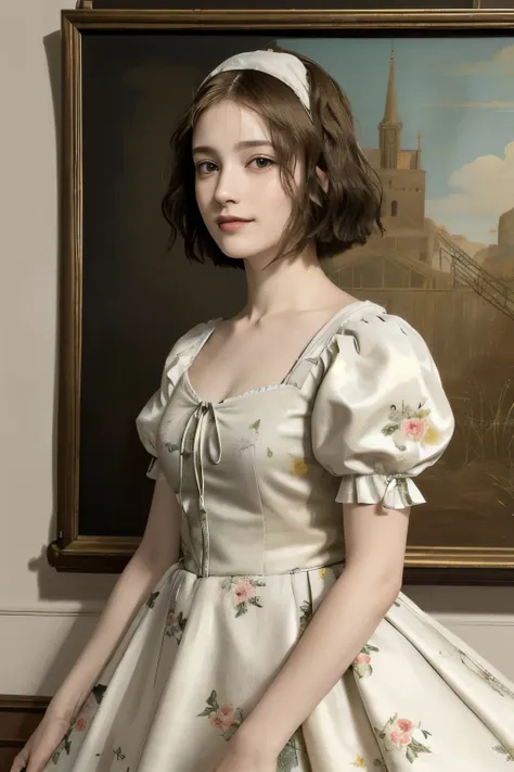 362 (20 year old female),(short hair), ( High Definition Photos ), (gentle smile), (colorful floral dress), (Leonardo da Vinci Paintings)