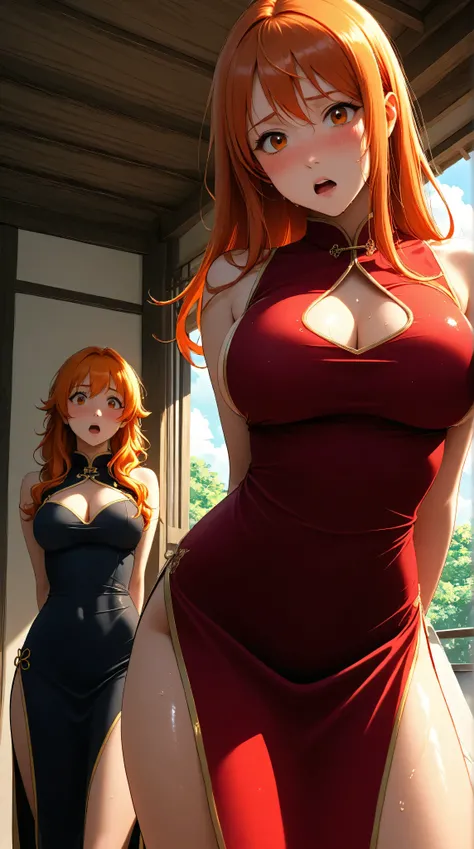 score_9, score_8_up, score_7_up, source_anime, best quality, clear face, Nami, orange hair, orange eyes, long hair, large breasts, perfect body, standing, looking at viewer, shocked, china dress, red clothes, dynamic angle, indoor, wet clothes,blushing,emb...