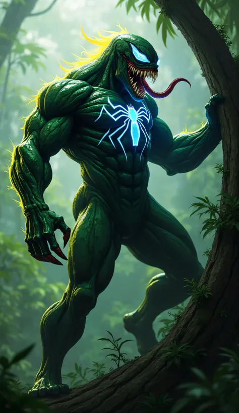 "A hyper-realistic full-body depiction of Venom, reimagined as a jungle predator lurking deep in the Amazon. His vivid green symbiote suit pulsates with life, infused with streaks of yellow energy veins and a blue spider emblem radiating power on his chest...