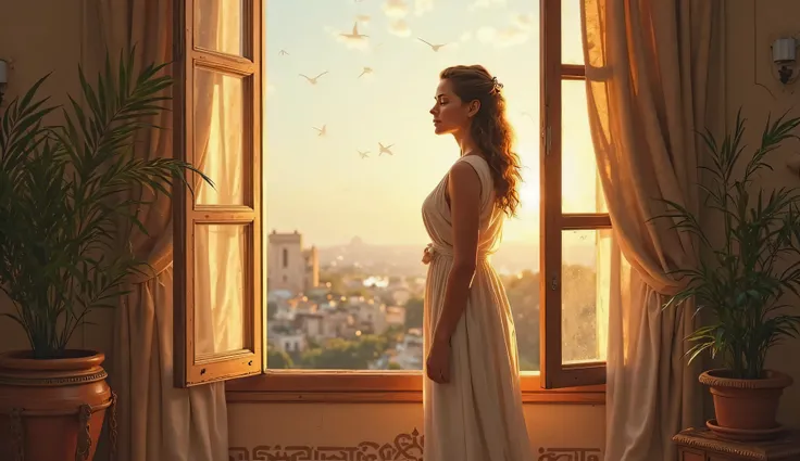 The woman from the back and is opening the windows of her home in a Roman-era apartment with clothes and decorations, while breathing deeply with her eyes closed. realistic quality image