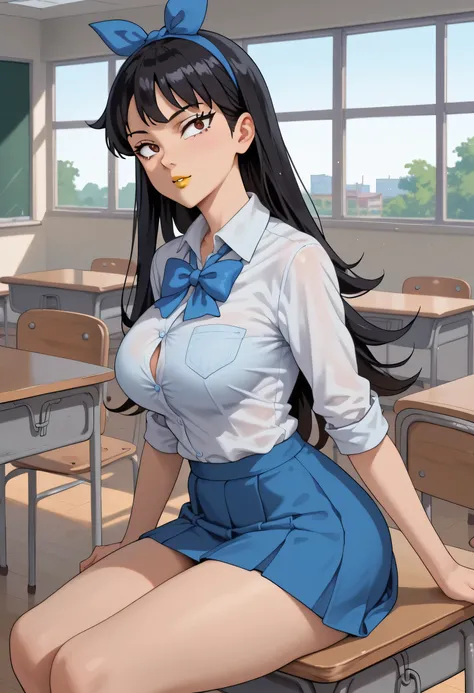 woman, very large breasts, anime style, yellow lipstick, gray skin, black hair, straight hair, side view, looking at viewer, brown eyes, wide hips, focus on character, straight hair, long hair, school, empty classroom, sitting at a desk, blue-green blouse,...