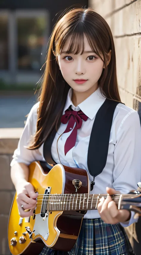 (Beautiful girl playing guitar:1.3)、top quality,8K images、 school uniform、high school girl