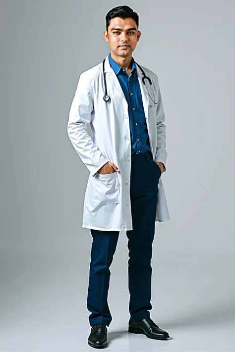 Real Photograph, Generate a full-body photorealistic Avatar from the source image. Use the EXACT face and hair from the source image. Short hair. wearing Male Doctor's clothes and a black shoe. White Background. Ultra HD Quality. 8K Resolution