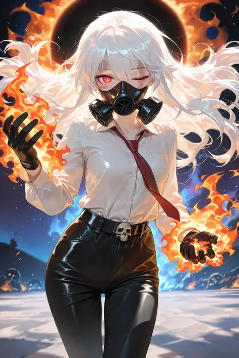 (masterpiece, Best Quality: 1.2), Ultra Detailed, HDR-10, (Soft Colors), (beautiful eyes, detailed eyes:1.2), 1girl, white hair, long hair, red eyes, Marks on the face, Eye closed, Scar on the face,Gas mask, Button down shirt, Long sleeves, Black pants, El...