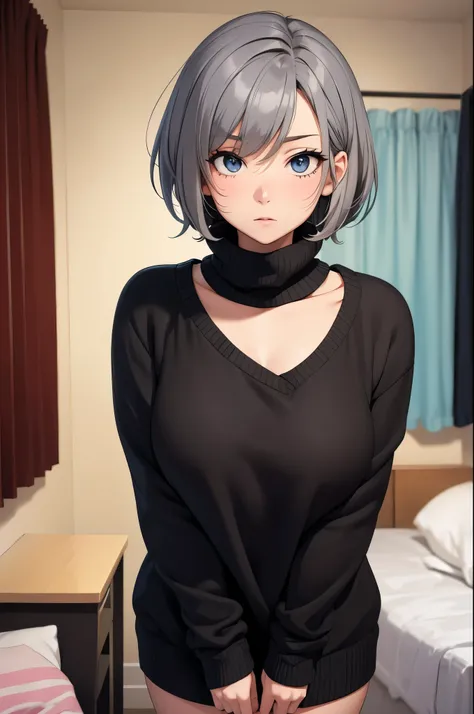 Anime-style image of a girl with messy gray short hair in her room and only wears a black sweater.. Well detailed eyes the best quality