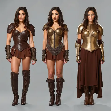 The same Abella Danger woman stands exactly full-length images in three different outfits, 1 type - robber leather armor, leather brown corset and leather miniskirt, brown heeled boots, shoulder pads, 2 type - bronze knight armor, bronze corset, бронзовые ...