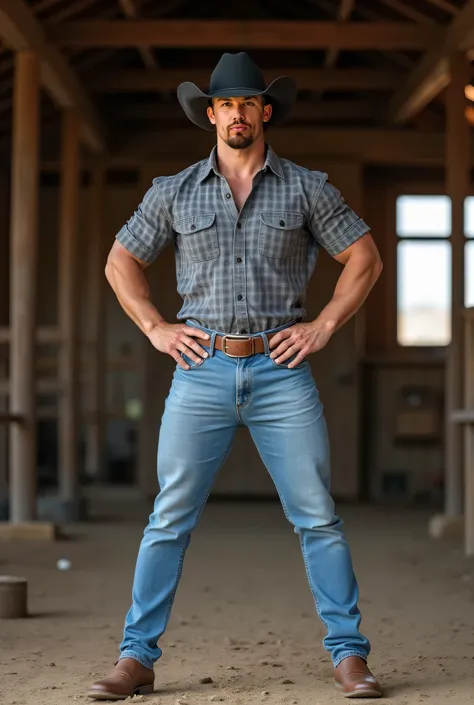  Realistic photograph , 35-year-old muscular (((athletic man))) , , View from below,  in profile, ,  gray Oxford checkered shirt and very tight ligth blue jeans, brown belt,  in profile, Big butt, viendo a cámara,  black eyes, at the ranch, sexy man, very ...