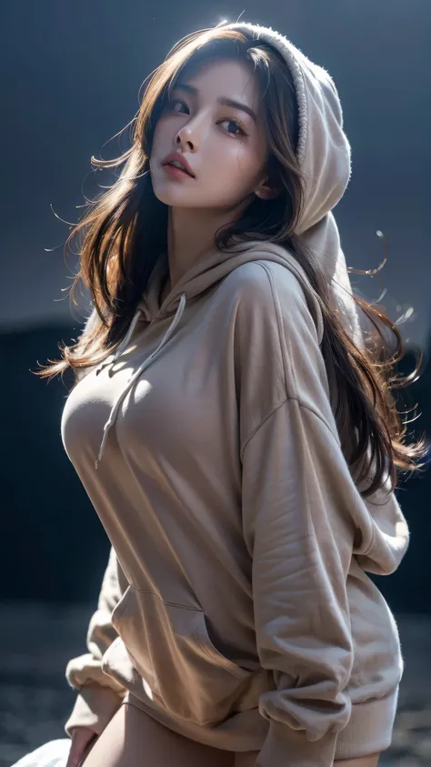  masterpiece , Highest quality, illustrations, ultra detailed, fine-grained, High Resolution,  8k, Perfect dynamic composition, ((beautiful woman under hoodie))、((Super long brown hair))、((Big Breasts))、beautiful detailed eyes ,  mouse, sexy face, expressi...