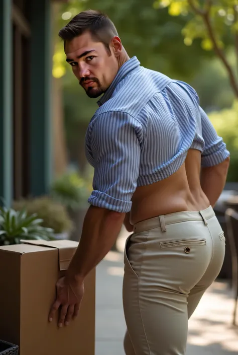 Fotografía realista, 35-year-old muscular (((atletic man))) , , View from below, nalgon de perfil, stripe blue formal shirt and very tight light beige trousers, brown belt, de perfil, Big butt, viendo a cámara, ojos negros, en el patio, hombre sexy, muy na...