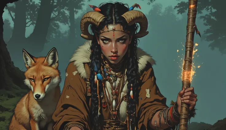 A wise black woman with a fierce, intense expression radiates mystery and deep wisdom, set against a misty, ethereal background. She is dressed in a rugged, tattered outfit consisting of a brown, fur-lined cloak with patches of fur visible. Her attire is a...