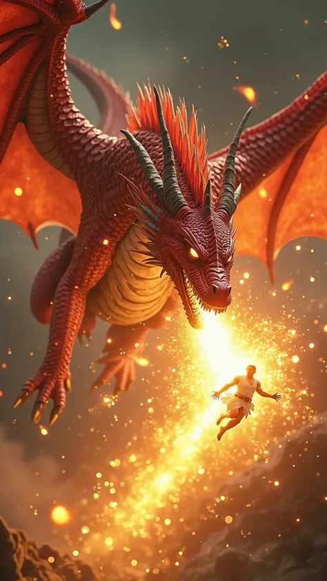 red dragon with brigh yellow eyes and highly detailed sking and pigmentation releases powerful attack of fire ball onto Zeus the god wearing white divine gold clothing while floating with lazer neon yellow rays underneath him 