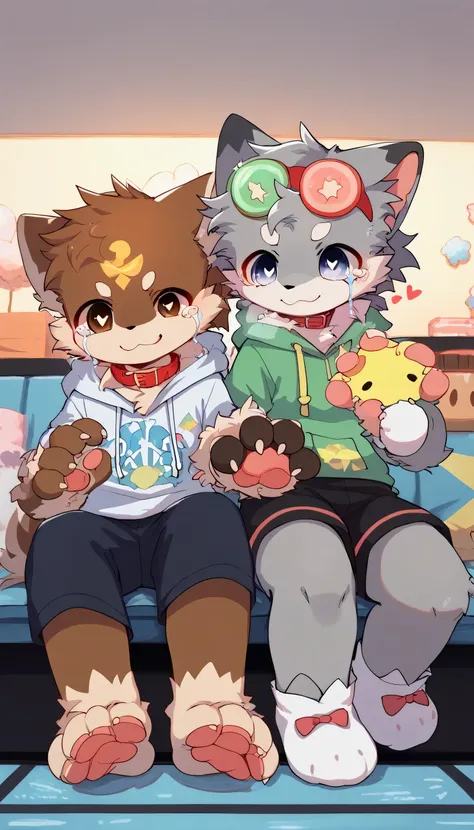  very well detailedな, very well detailed, brown fur gray hair ,(  Two male cubs and a girl with grey fur,  holding hands ), brown hair,,male, look at the bones,  heart eye ,Participation, snow that makes me cry , crying,  Sad face,( Sad face)  green white ...