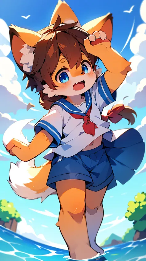  セーラー服を着たキツネの girls on the left,Characteristics of Sailor Suits, 超High Resolution, very well detailed, big, pointed ears , dark eyes are bright orange or yellow,  Blue Sailor Suit   , shorts,  shorts ,(Fox ear style  ), long hair,long hair,High Resolution ...