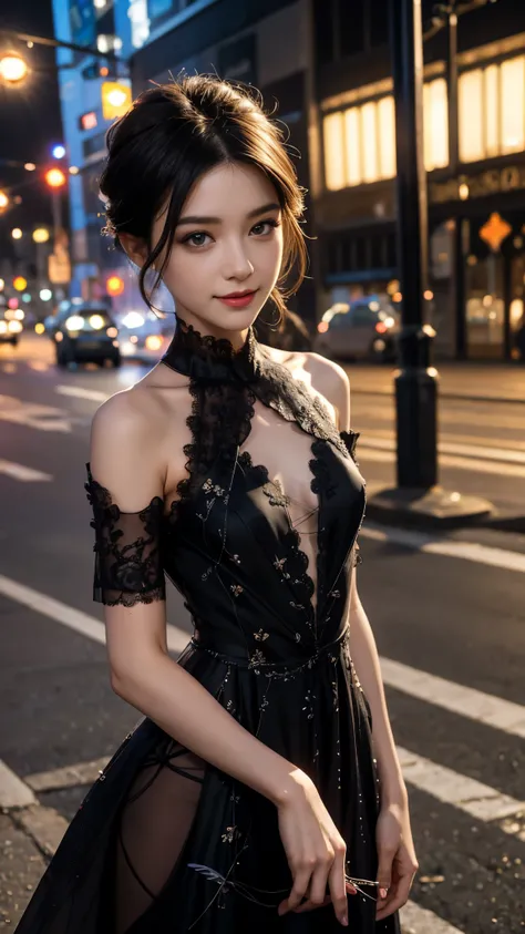 8K, UHD, Masterpiece, extreme quality, 1 girl, good face, detailed eyes, very long hair, detailed lips, small breasts, detailed empress fantasy dress, ((black thread dress)), ((thread black dress:1.4)), lace, (bare one shoulder:1.5), flowing sardine, beaut...