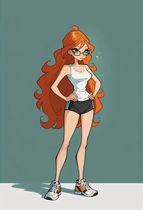 1 woman, long hair , wavy orange hair, green eyes , glasses , white tank top , black panties , abdomen, big breasts , Long legs , hands on hips.. , sneakers,