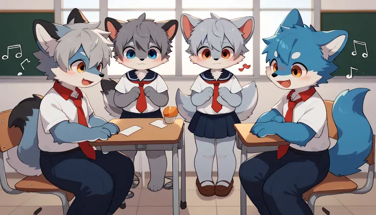    Happy dancing in detail , gray hair and gray fur  ,     blue fur   , Blue Wolf  ,   shemono     ,age 15,Participation,   red collar fell to the floor ,    cute face ,   fluffy fur  , 3 cute furry creatures dance  ！horny boy ,SCHOOL CLASSROOM,chair,Study...