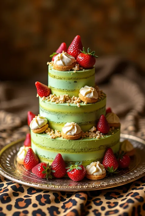 There is a beautiful large plate on the bed . Beautiful large pistachio cake decorated with creamy custard eclairs and strawberries. The bed is covered with a leopard print blanket