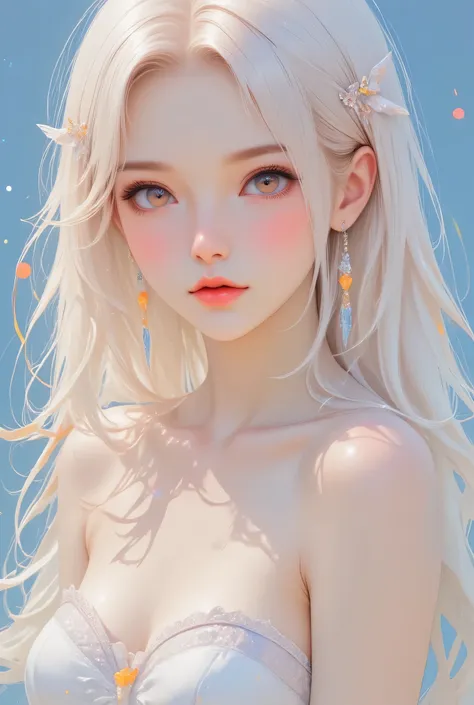 ultra detailed, absolutely resolution, masterpiece, highly detailed, sharp focus, vivid colors, soft lighting, cinematic composition, close-up of a beautiful woman, white glossy silky flowing high layered pixie cut, lewd expression, seduction, pink lips, c...