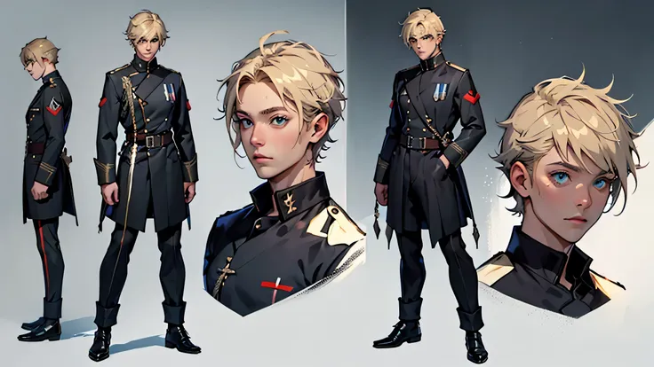 A man, One man, handsome, tall, blond, short hair, (Black uniform army 1.8) , blue eyes/ Full height, standing. Put your hands in your pockets, Tall, Gray backgroung