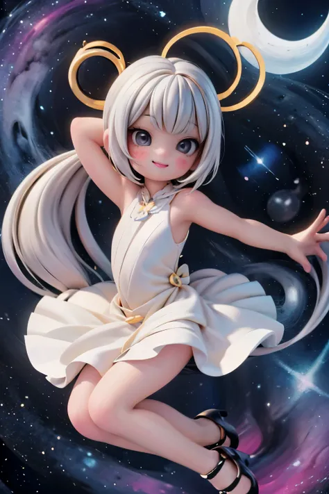 A whimsical cherub soars across the velvety night sky, eyes aglow like tiny diamonds. Her petite form is framed by a halo of white hair, adorned with colorful hairbows. The gaze is intense, with smoky eye makeup that seems to hold secrets of the cosmos. Bl...