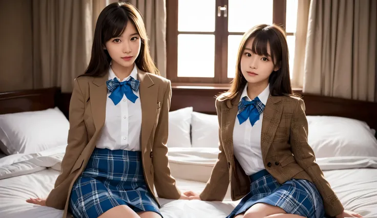 Two beautiful young Japanese high school girls, beautiful face and eyes ,((( camel brown blazer ))),(((white blouse))), ),(((Red bow on the neck ))), (( brown and blue plaid skirt )), navy socks, detailed face and eyes , Detailed uniform ,beautiful girl, c...