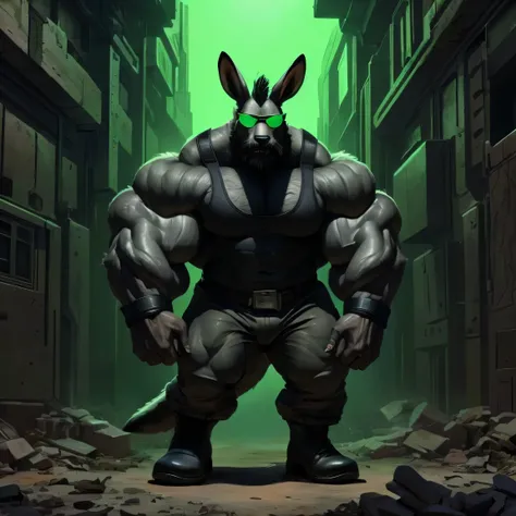 An anthropomorphic black kangaroo wearing a grey military pant, has his upperbody muscles growing very big in the dark sewers from futuristic city ruins. His upperbody muscles are enormous. His upperbody is oversized massive large big. The sewers is glowin...