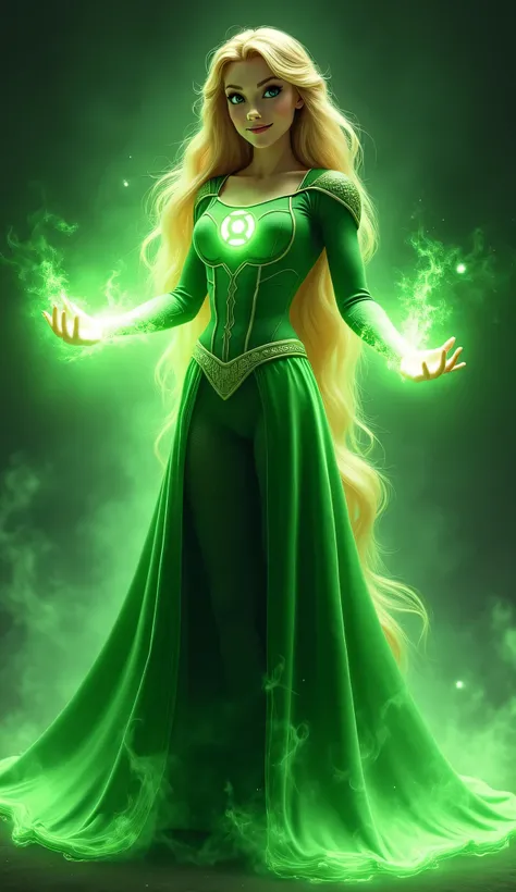 Rapunzel is transformed into a beautiful Green Lantern, Rapunzel's hair turns into fringes of glowing green energy. With a nice body builder body, her eyes and hands are glowing with power, as is the green greenery-type space behind her.zoom out image,A ve...