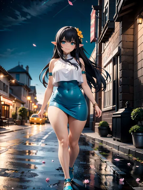 detailed image, beautiful image, an elf, dark hair, long hair, turquoise eyes, large breasts, short black waist, wide hips, thick thighs. She is wearing with a crop top, mini skirt, walking on a street, smiling, surrounded by a cityscape, falling flower pe...