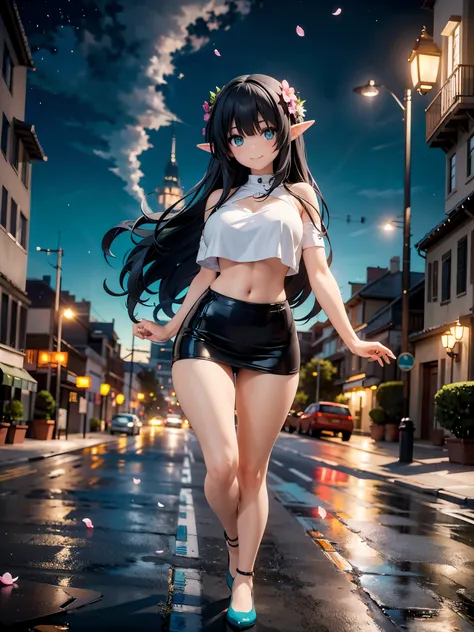 detailed image, beautiful image, an elf, dark hair, long hair, turquoise eyes, large breasts, short black waist, wide hips, thick thighs. She is wearing with a crop top, mini skirt, walking on a street, smiling, surrounded by a cityscape, falling flower pe...