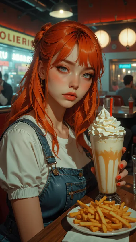 8k, Masterpiece, Top Quality, Close-up, eye-level,  vibrant orange hair, half-updo, freckles, fair skin, serious expression, pensive, denim overall dress, seated, milkshake, whipped cream, french fries, retro diner, dimly lit, overhead lights, blurred back...