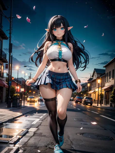 detailed image, beautiful image, an elf, dark hair, long hair, turquoise eyes, large breasts, short black waist, wide hips, thick thighs. She is wearing with a crop top, plaid pleated mini skirt, walking on a street, smiling, surrounded by a cityscape, fal...