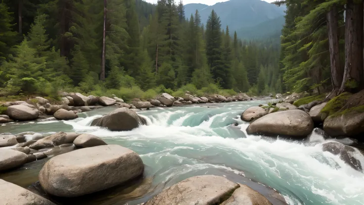 "A fast-flowing turquoise mountain river rushing over rugged gray rocks, creating small white rapids. The river is surrounded by a natural landscape with tall evergreen trees and patches of golden-brown grass. The scene is set in a serene forested mountain...