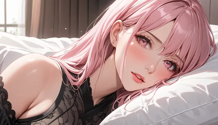 1 woman, semi realistic, Masterpiece, Master work, perfect, mature body, big size breast, straight half body long hair, soft pink colored hair with bangs, pink eyes, sick, blushing, wearing clothes, parted lips, high res, ultrasharp, looking at the viewer ...