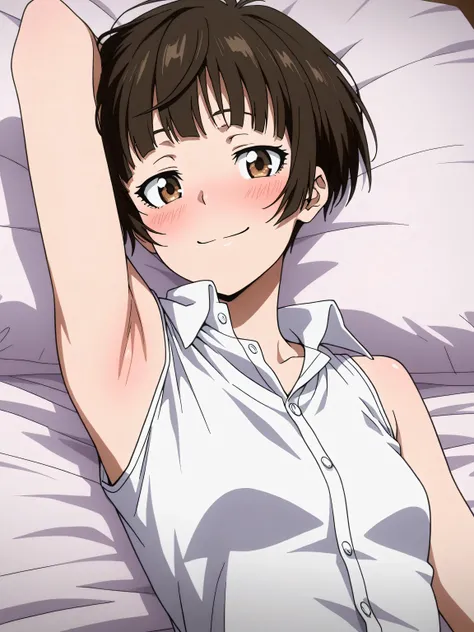 masterpiece, best quality, amazing quality, anime screencap, 1girl, solo, tsunemori, brown hair, brown eyes, white shirt, collared shirt, open collar, sleeveless shirt, sleeveless, bare shoulders, bare arms, arm behind head, armpit, head towards viewer, lo...