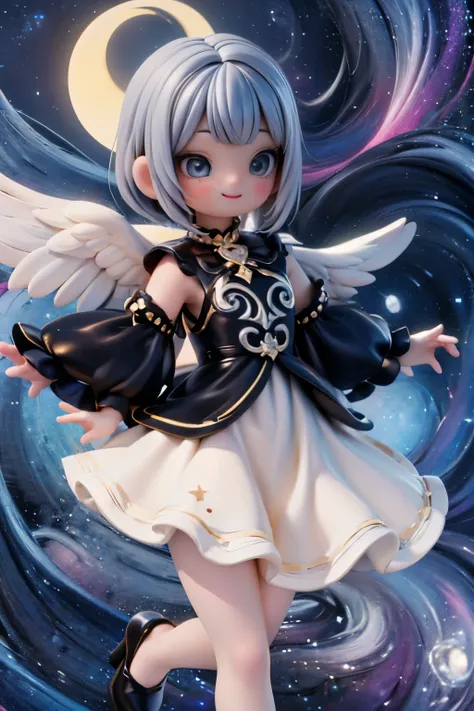 A cherub soars across the night sky, her petite frame a blur as she grasps a sparkling star in her hands. Her bright eyes shine like diamonds against intense smokey eyeshadow and bold blush. A flowing moon-themed dress hugs her tiny form, paired with white...