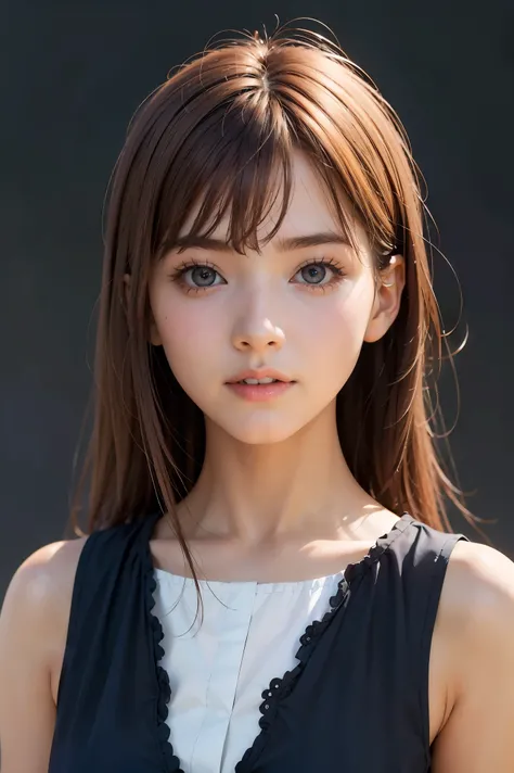 Best quality, masterpiece, ultra high res, (photorealistic:1.4), raw photo,1girl, solo, realistic, looking at viewer, upper body,simple gray background, black dress,