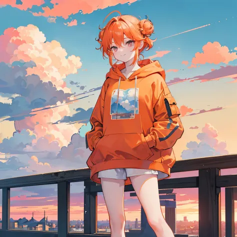  orange hair , shortcut from elbow to hand, 2 bun hair, pink eye, smile,  casual clothes,  hoodie, ( facing forward :1.2), blue sky, (legs sticking out of the frame:1.2), (Cumulus clouds:1.2), sunset, (masterpiece), (Highest quality, 8k, high definition), ...