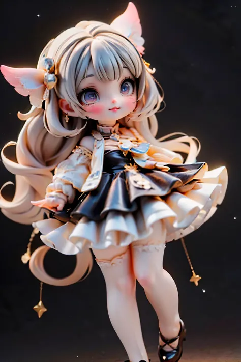 Here's a prompt for an SD model: A cherubic figure, petite and adorable, floats serenely in the night sky illuminated by a radiant star lamp. Her bright, sparkling eyes shine like diamonds against the dark blue canvas. A tumble of white, large hair frames ...