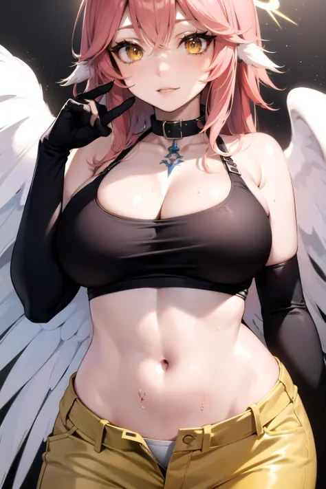 jibril, BREAK jibril, angel, angel wings, collar, animal ears, bird ears, compass rose halo, belly button, feathered wings, feathers, gradient hair, halo, long hair, low wings, multicolored hair, pink hair, symbol-shaped pupils, breast tattoos, shoulder ta...