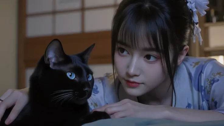 Japanese woman and blue-eyed black cat, indoors